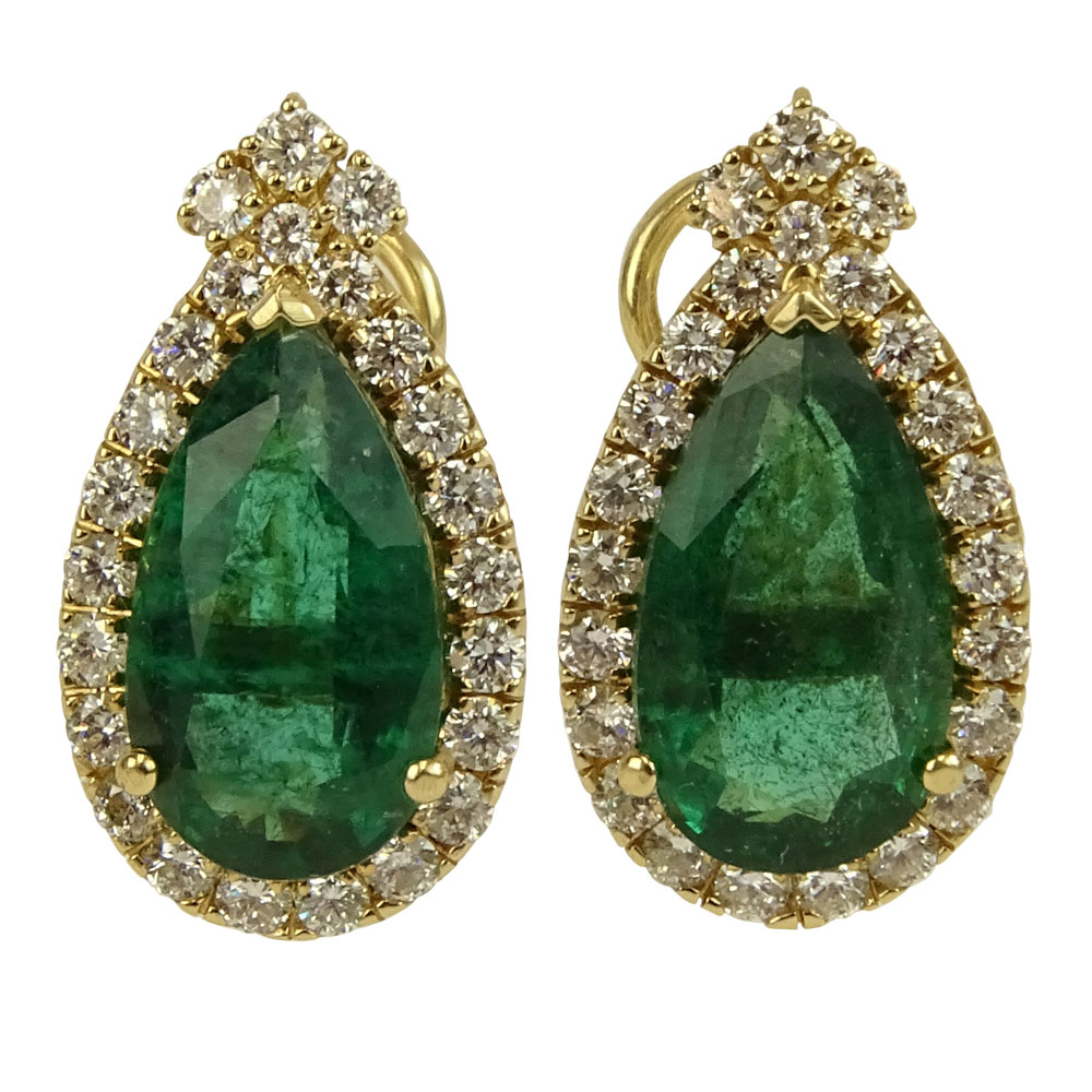 GIA Certified Pear Shape Colombian Emerald, Diamond and  Gold Earrings. 