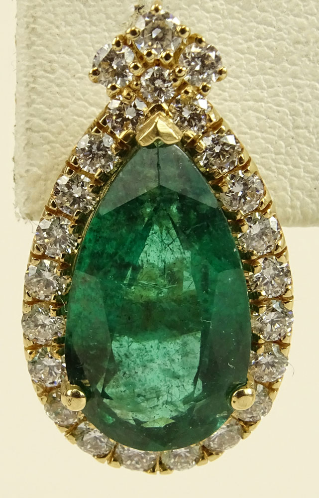 GIA Certified Pear Shape Colombian Emerald, Diamond and  Gold Earrings. 