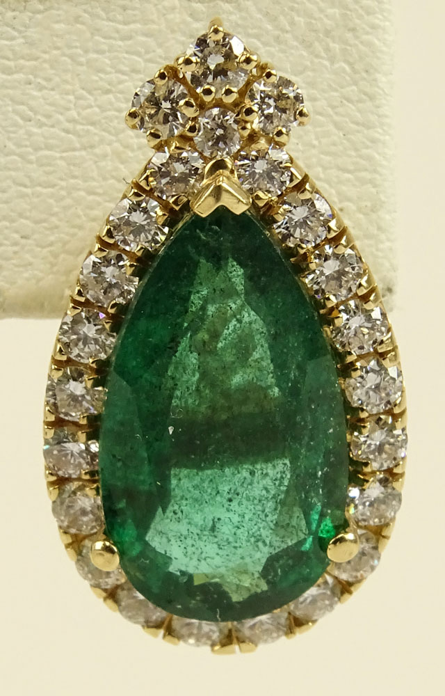 GIA Certified Pear Shape Colombian Emerald, Diamond and  Gold Earrings. 