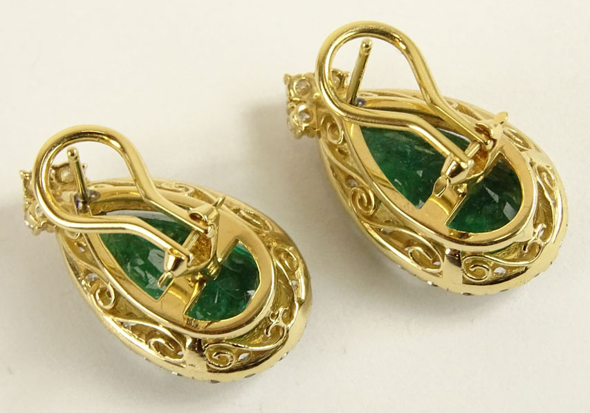 GIA Certified Pear Shape Colombian Emerald, Diamond and  Gold Earrings. 