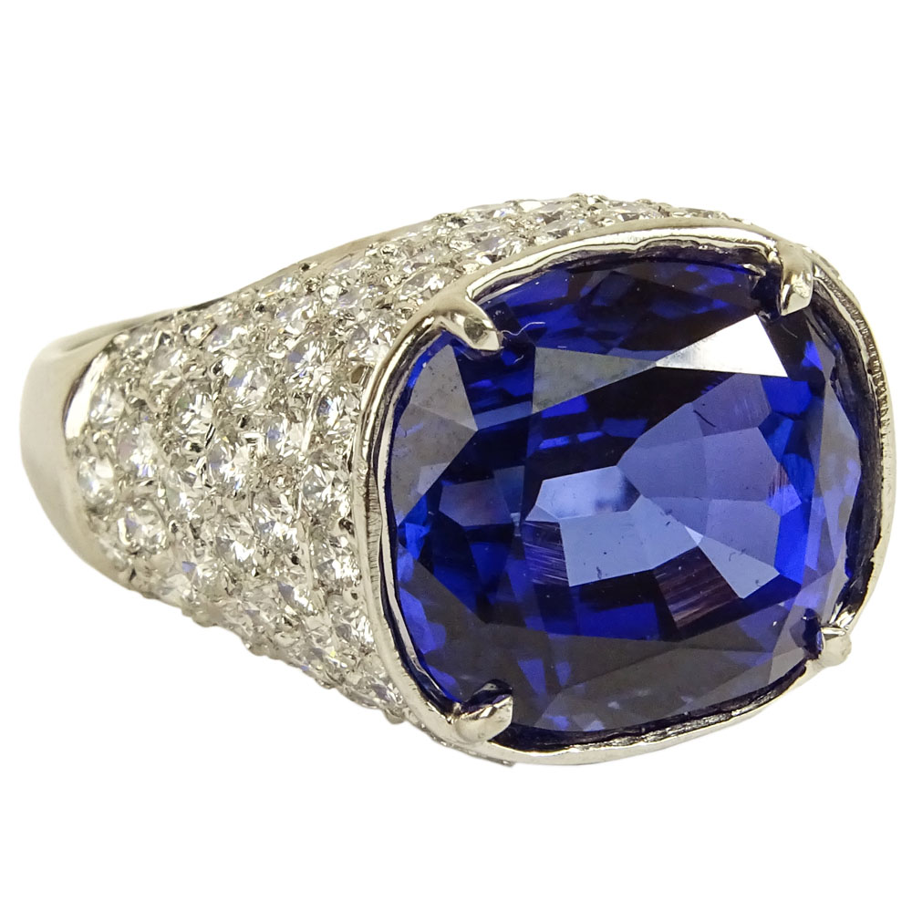 Beautiful Quality Approx. 14.07 Carat Cushion Cut Tanzanite, 3.50 Carat Diamond and Platinum Ring. 