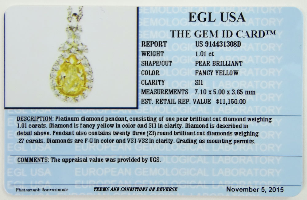 EGL Certified 1.01 Carat Pear Shape Fancy Yellow Diamond and Platinum Pendant Necklace.