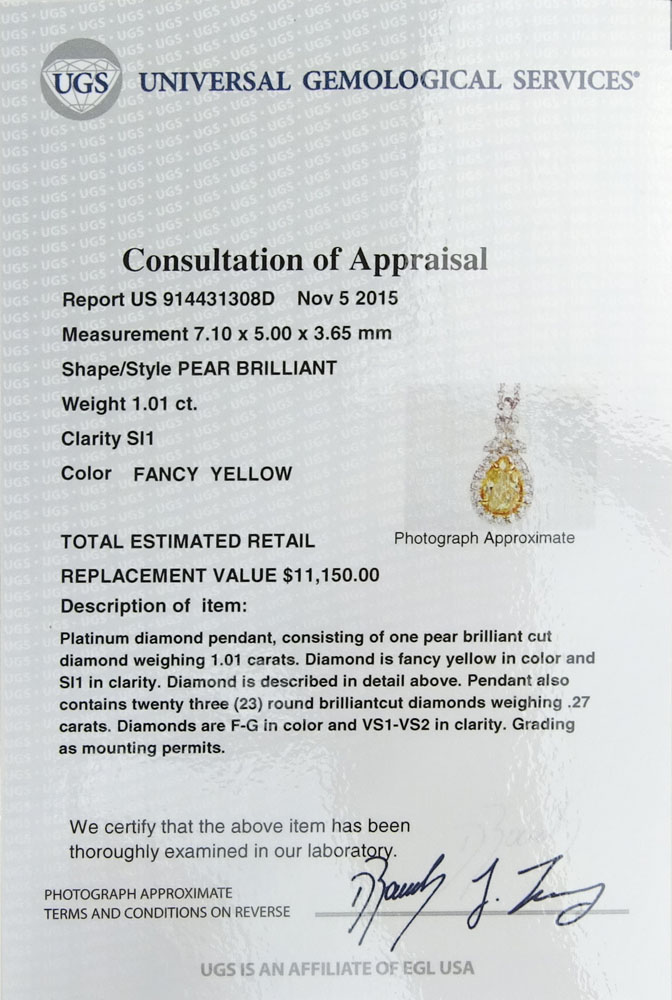 EGL Certified 1.01 Carat Pear Shape Fancy Yellow Diamond and Platinum Pendant Necklace.