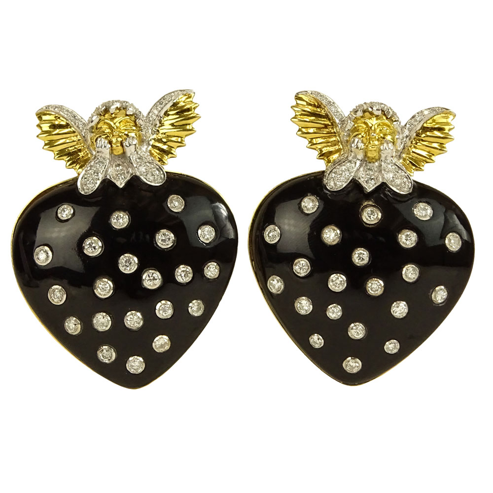 Circa 1950 David Webb Diamond, 18 Karat Yellow Gold and Black Onyx Earrings. 