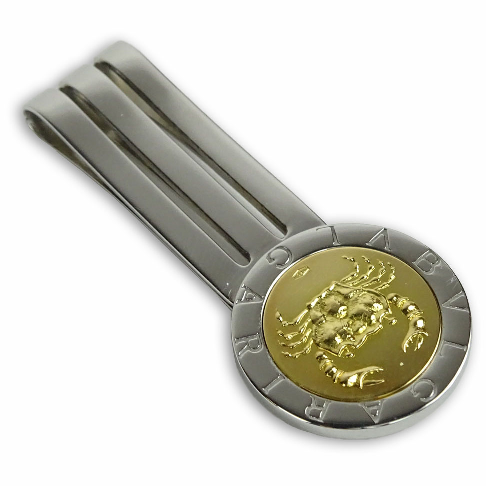 Bulgari 18 Karat Yellow Gold and Stainless Steel Cancer Zodiac Money Clip.