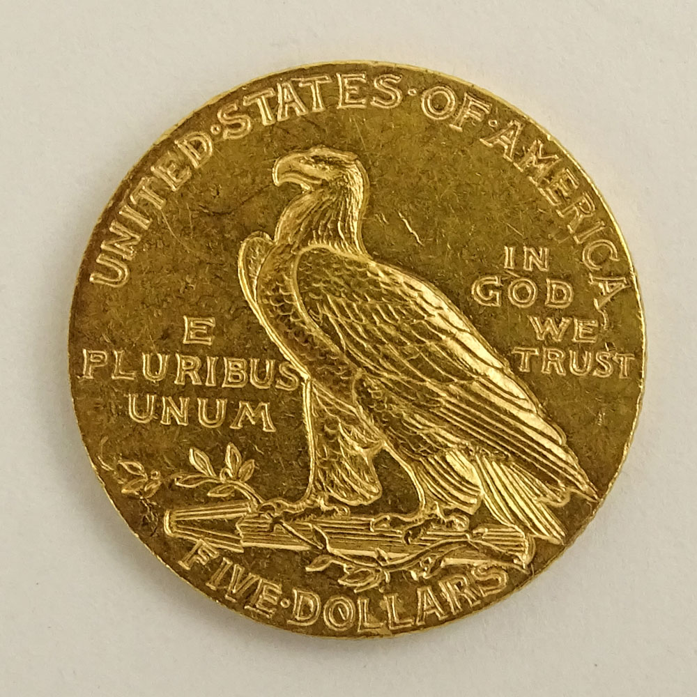 US 1912 $5 Indian Head Gold Coin.