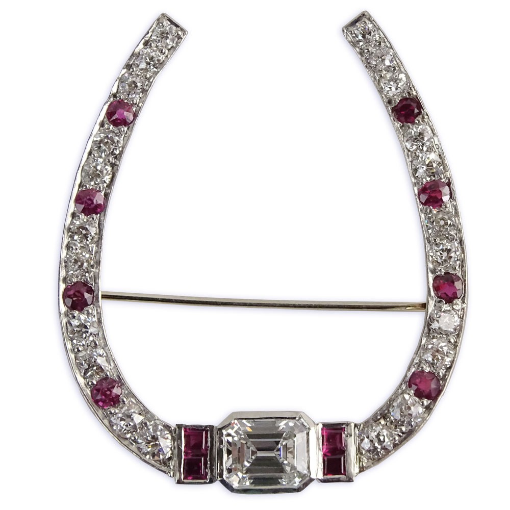 Vintage Diamond, Ruby and 18 Karat Gold Horseshoe Brooch Set.