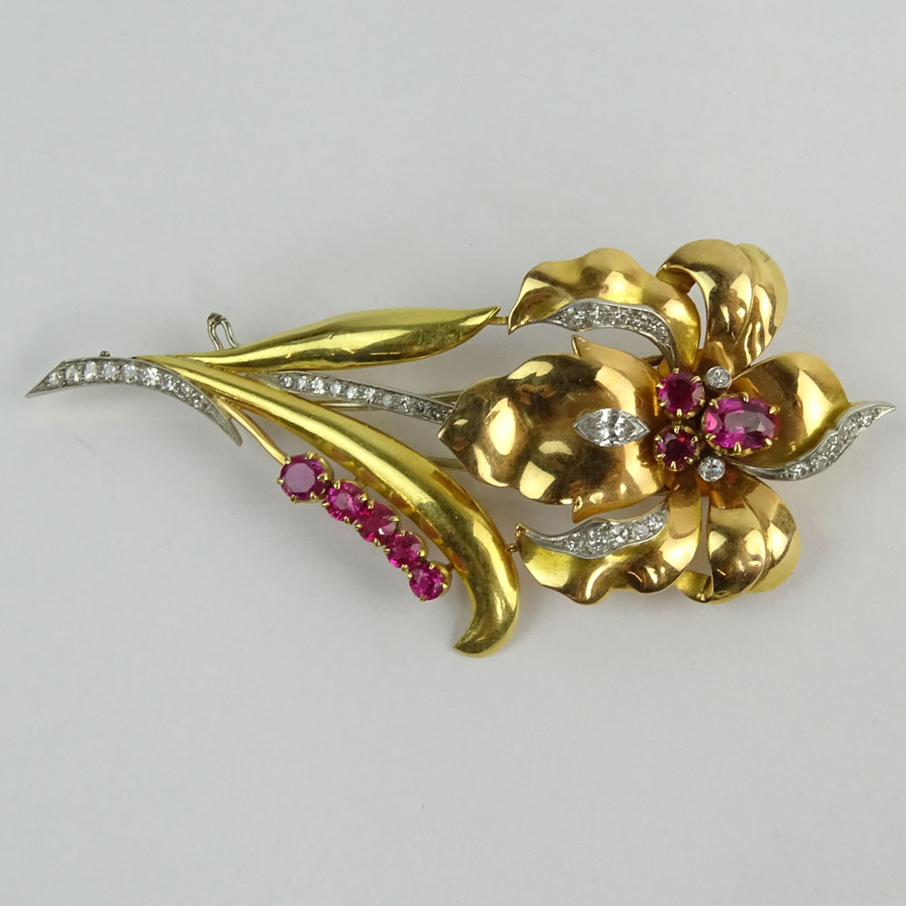 Retro Diamond, Ruby, 18 Karat Yellow & Rose Gold and Platinum Flower Brooch.