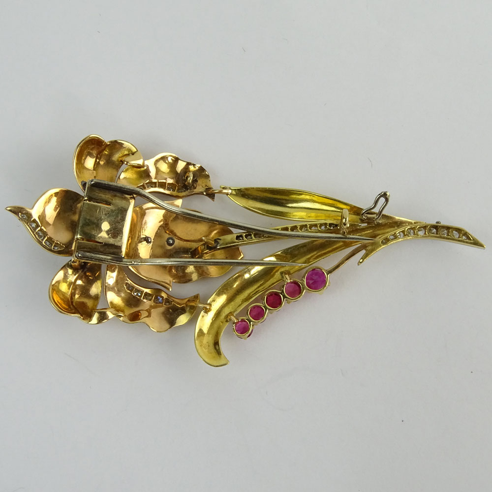 Retro Diamond, Ruby, 18 Karat Yellow & Rose Gold and Platinum Flower Brooch.