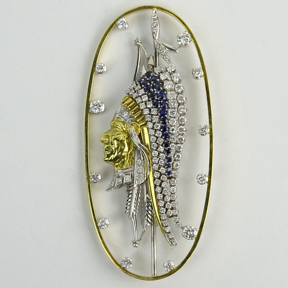 Vintage Diamond, Sapphire and 18 Karat Yellow & White Gold Indian Head Brooch.