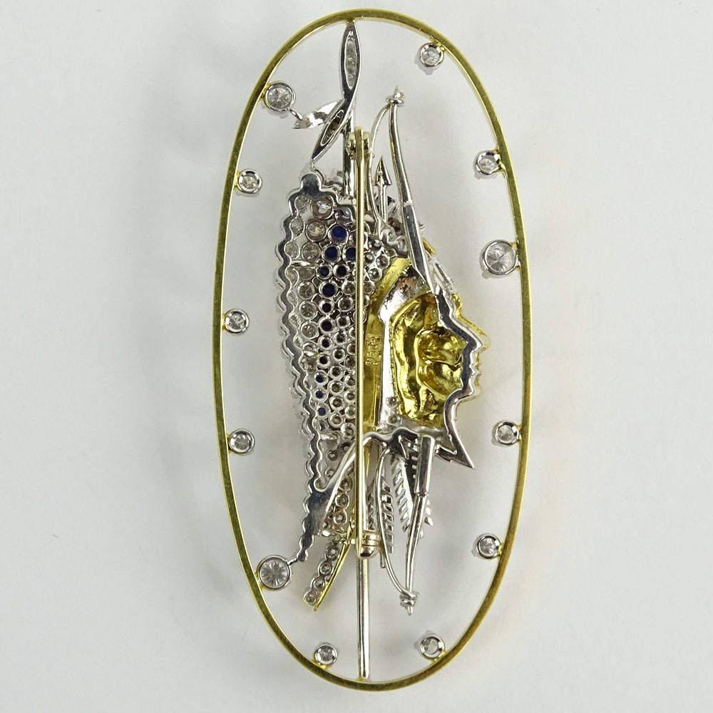 Vintage Diamond, Sapphire and 18 Karat Yellow & White Gold Indian Head Brooch.