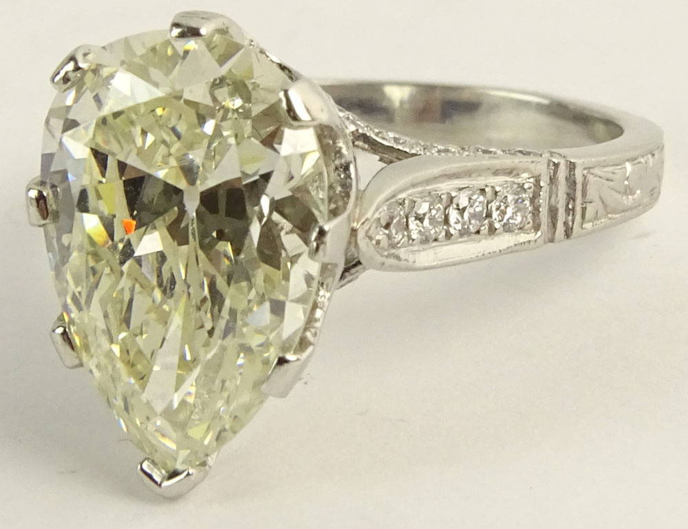 Antique 4.38 Carat Pear Brilliant Cut Diamond and Platinum Engagement Ring.