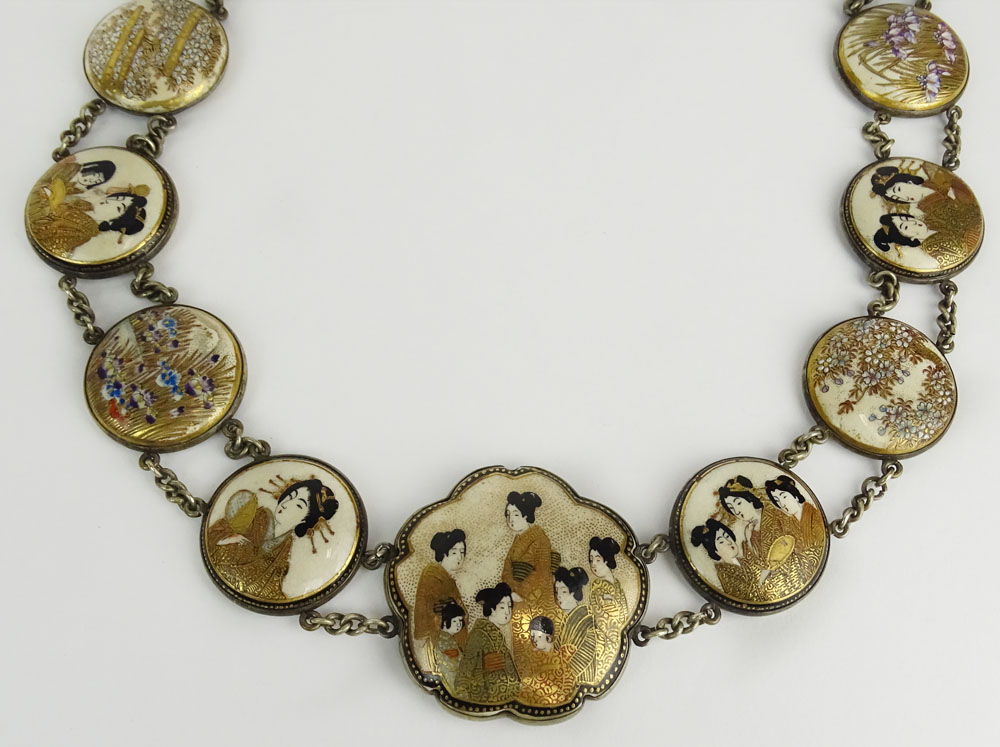 Antique Japanese Satsuma Porcelain Medallion Necklace with 14 Medallions.