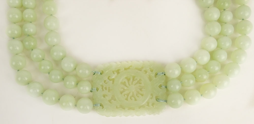 Chinese Three Strand Celadon Jade Bead Necklace with Carved Celadon Jade Panel.