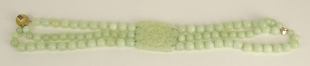 Chinese Three Strand Celadon Jade Bead Necklace with Carved Celadon Jade Panel.