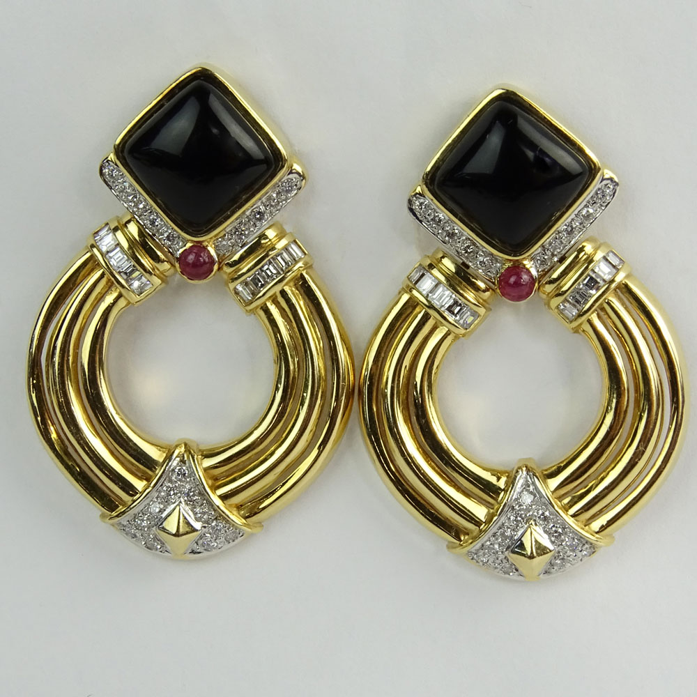 Vintage 14 Karat Yellow Gold, Diamond, Onyx and Ruby Earclips.