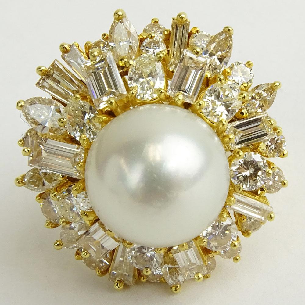 Fine Quality Approx. 8.0 Carat Multi Cut Diamond, 13mm South Sea Pearl and 18 Karat Yellow Gold Ring. 