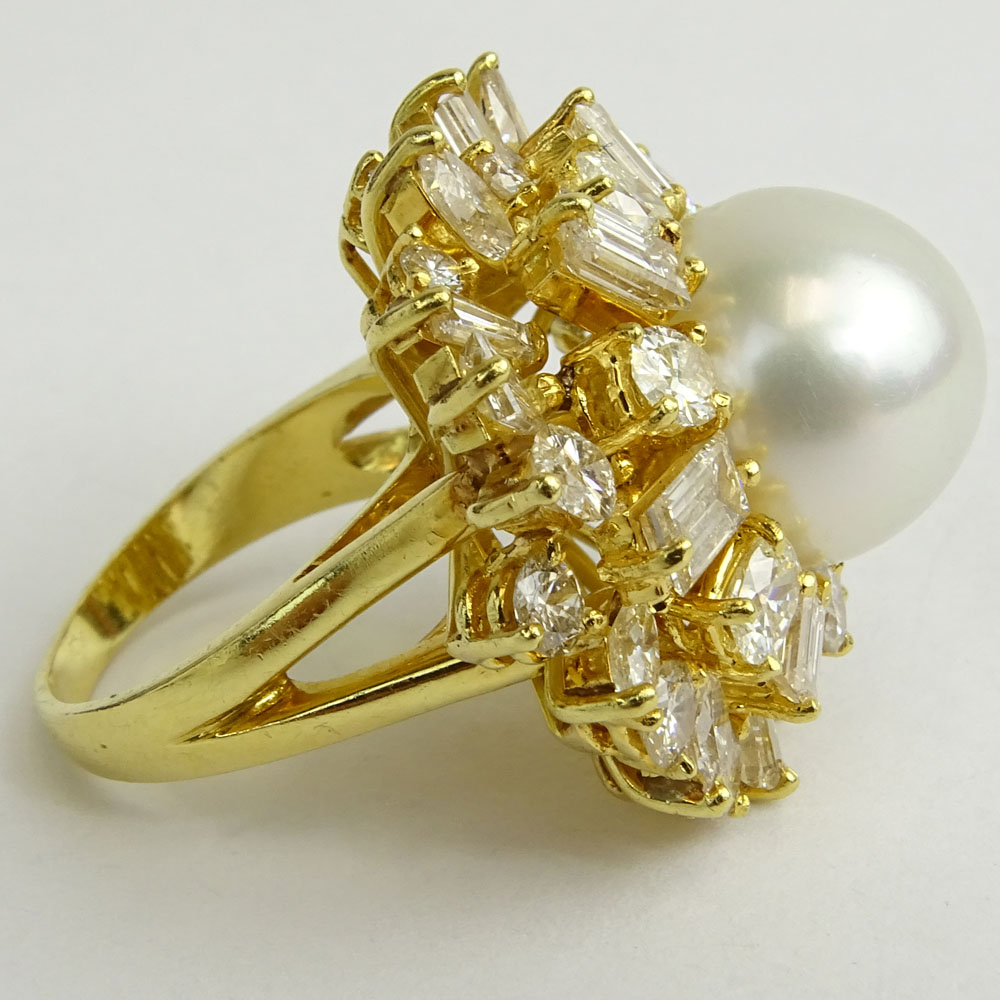 Fine Quality Approx. 8.0 Carat Multi Cut Diamond, 13mm South Sea Pearl and 18 Karat Yellow Gold Ring. 