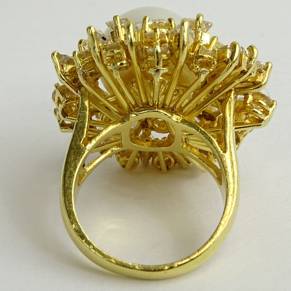 Fine Quality Approx. 8.0 Carat Multi Cut Diamond, 13mm South Sea Pearl and 18 Karat Yellow Gold Ring. 