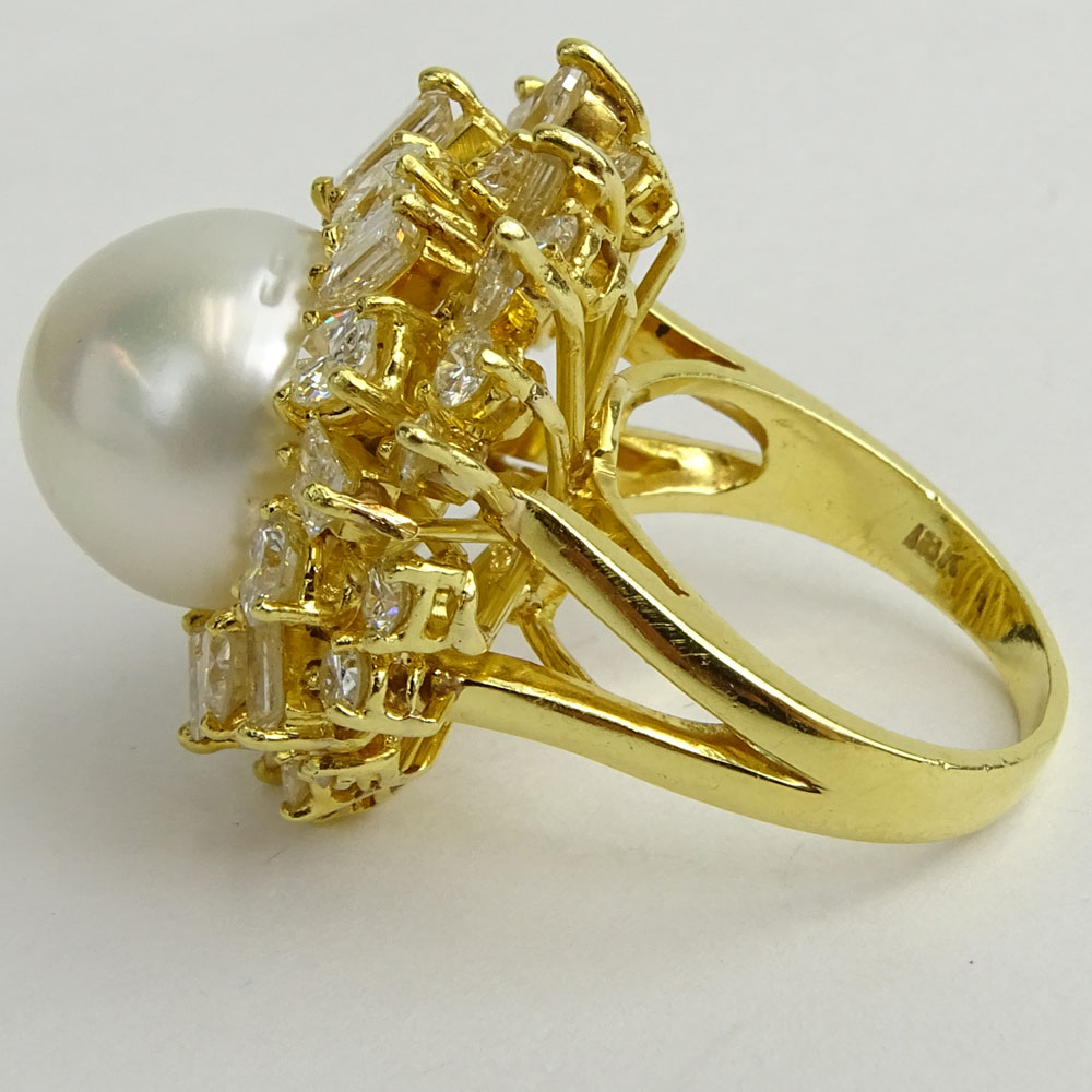 Fine Quality Approx. 8.0 Carat Multi Cut Diamond, 13mm South Sea Pearl and 18 Karat Yellow Gold Ring. 