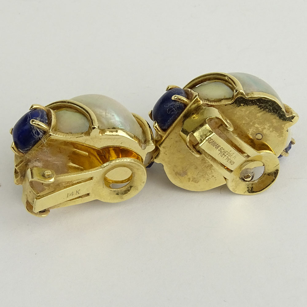 Vintage Pair of Seaman Schepps Shell, 14 Karat Yellow Gold and Lapis Lazuli Earclips.