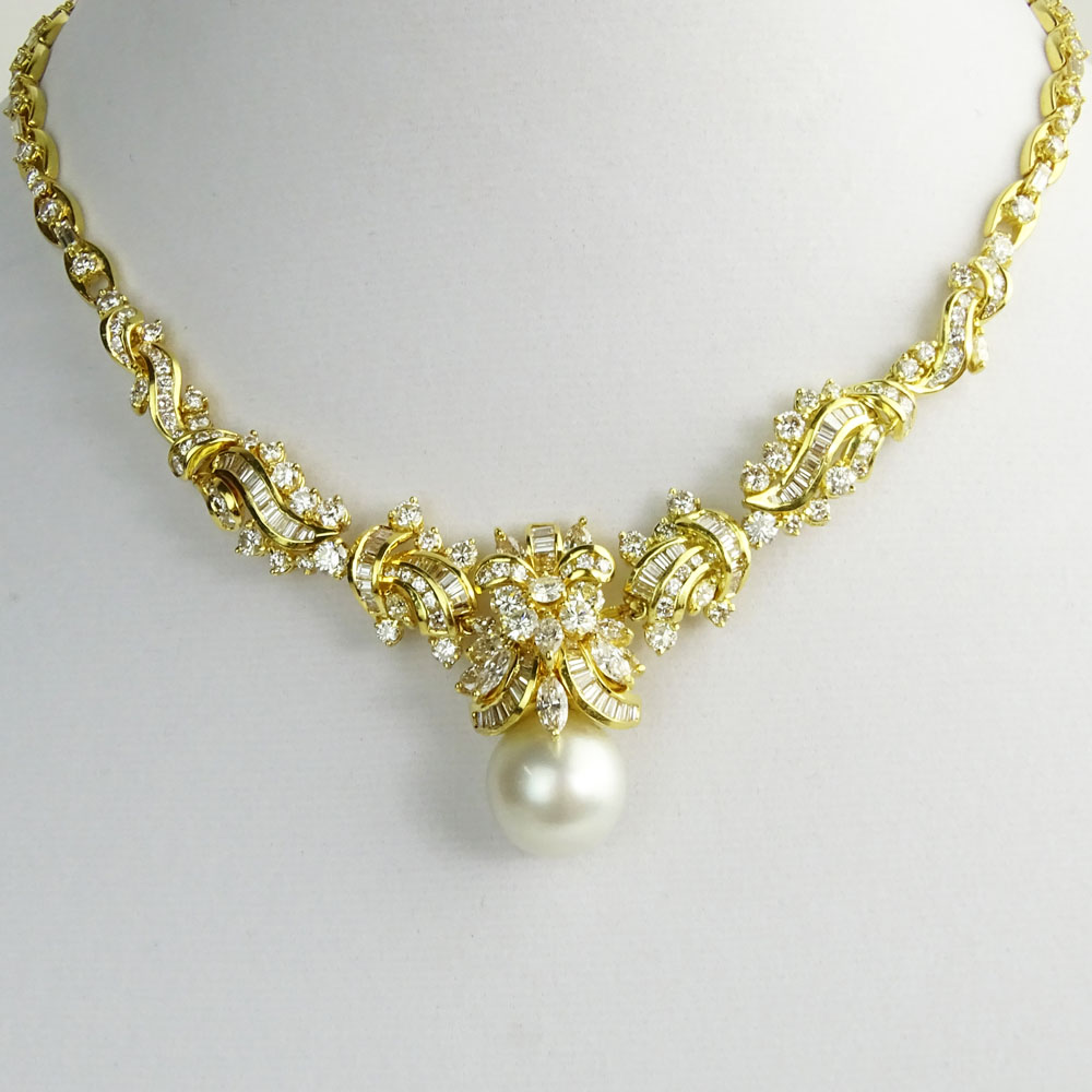 Approx. 17.50 Carat Multi Cut Diamond, 15mm South Sea Pearl and 18 Karat Yellow Gold Necklace. 