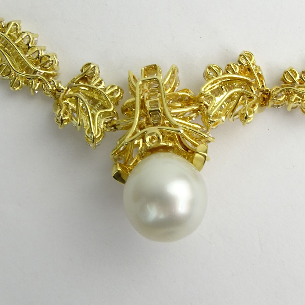 Approx. 17.50 Carat Multi Cut Diamond, 15mm South Sea Pearl and 18 Karat Yellow Gold Necklace. 