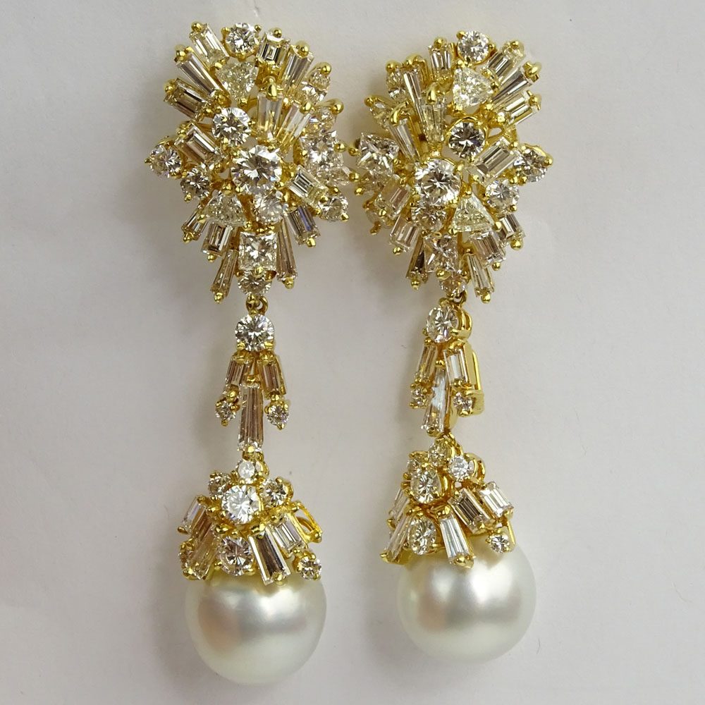 Approx. 16.0 Carat Multi Cut Diamond, 14mm South Sea Pearl and 18 Karat Yellow Gold Day/Night Earrings. 