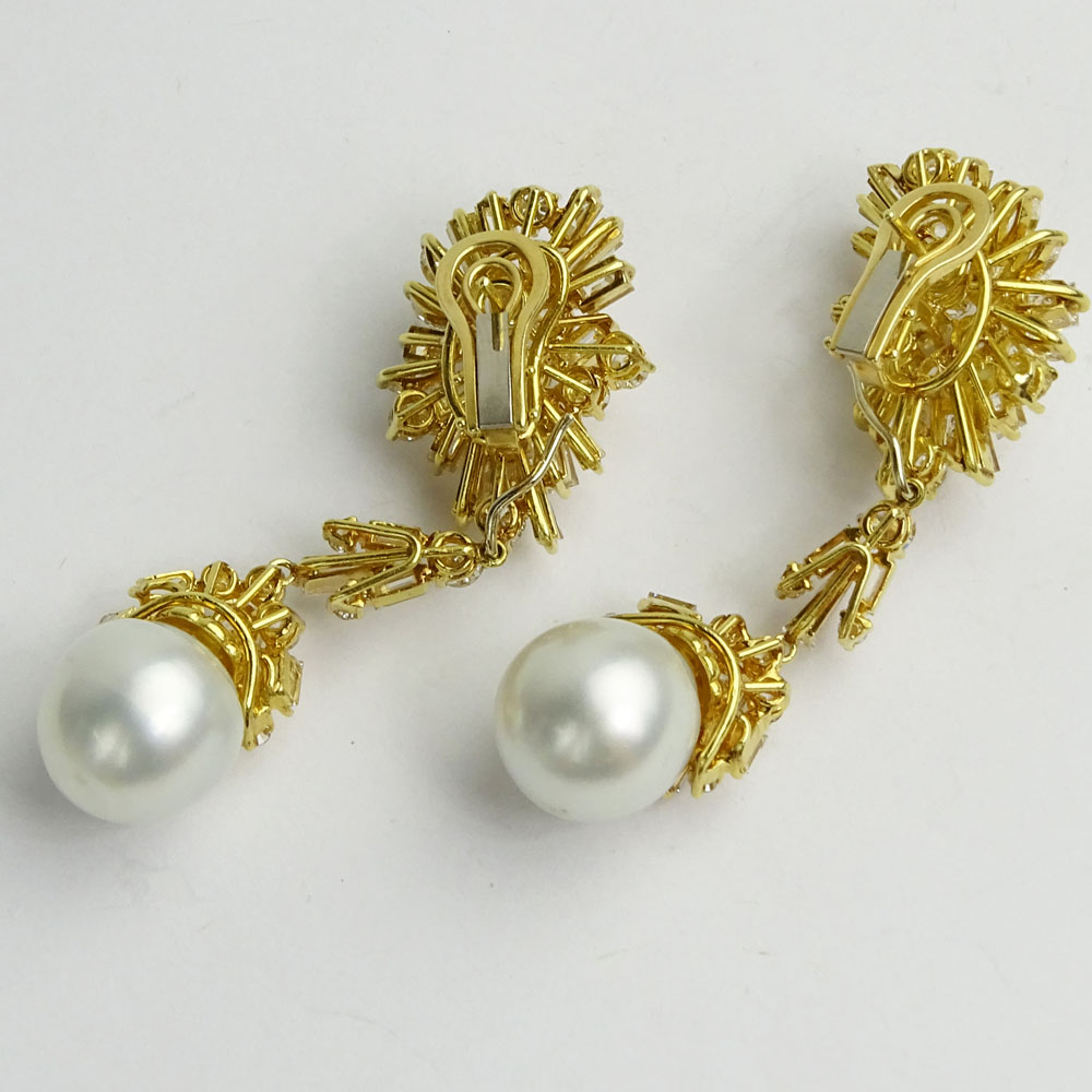 Approx. 16.0 Carat Multi Cut Diamond, 14mm South Sea Pearl and 18 Karat Yellow Gold Day/Night Earrings. 