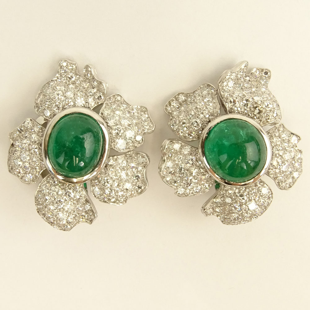 Pair of 15.0 Carat Cabochon Emerald, 9.0 Carat Round Brilliant Cut Diamond and Platinum Flower Earrings.