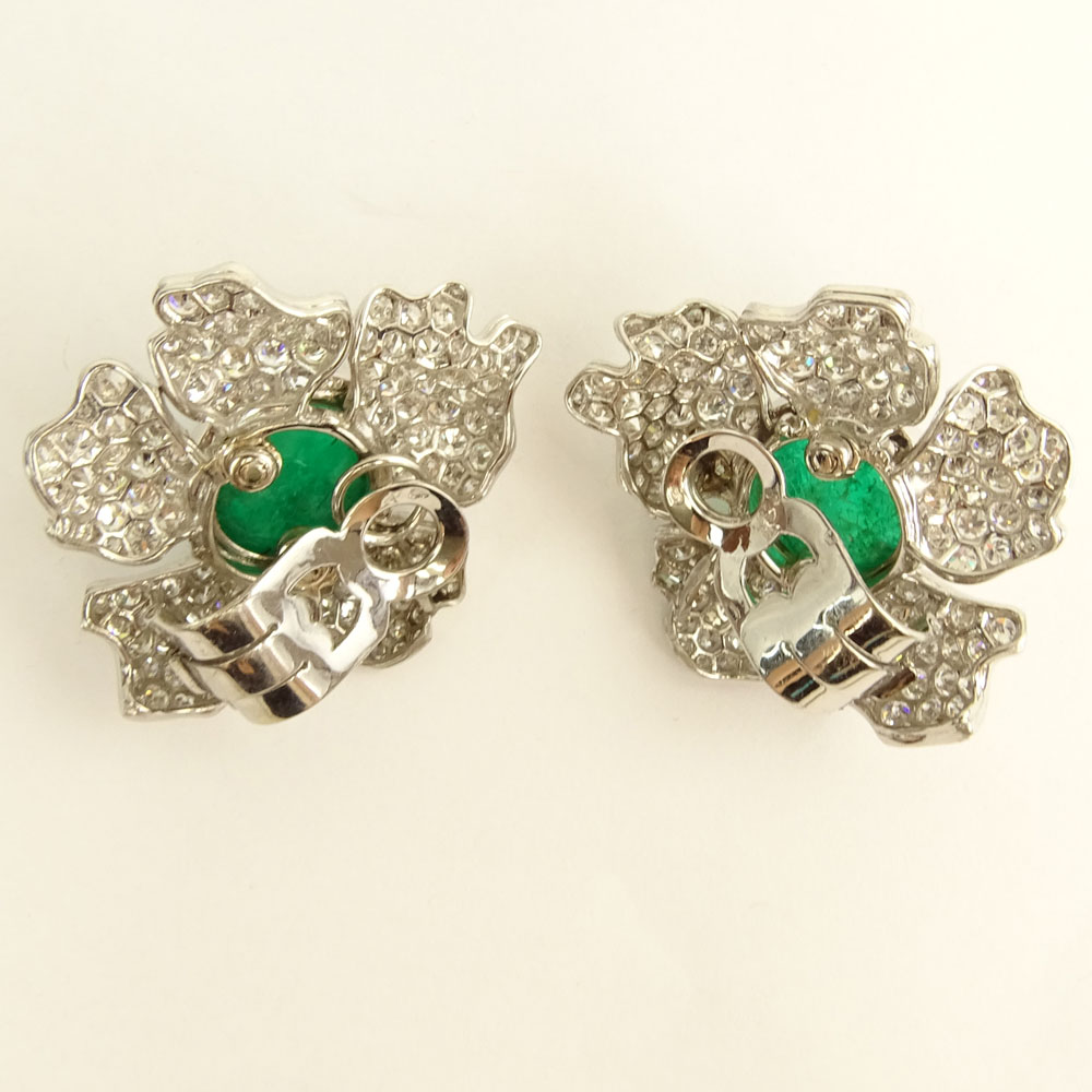 Pair of 15.0 Carat Cabochon Emerald, 9.0 Carat Round Brilliant Cut Diamond and Platinum Flower Earrings.