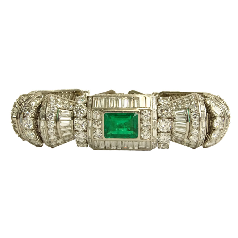 French Art Deco Approx. 58.0 Carat Multi Cut Diamond, 12.0 Carat Colombian Emerald and Platinum Bracelet. 