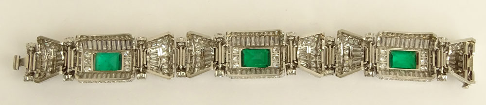 French Art Deco Approx. 58.0 Carat Multi Cut Diamond, 12.0 Carat Colombian Emerald and Platinum Bracelet. 