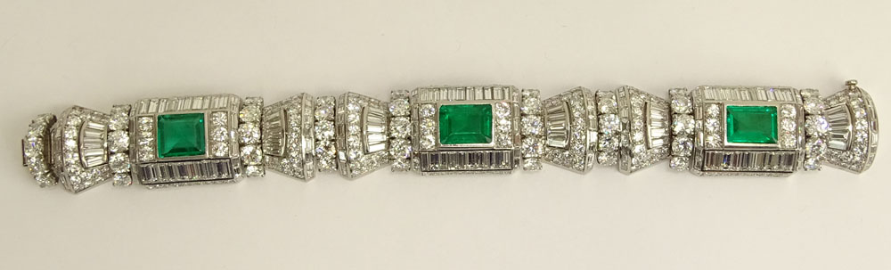 French Art Deco Approx. 58.0 Carat Multi Cut Diamond, 12.0 Carat Colombian Emerald and Platinum Bracelet. 