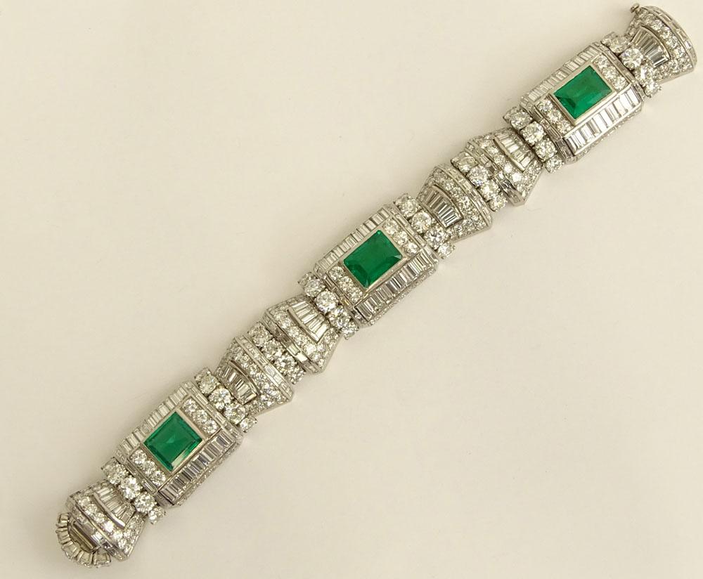 French Art Deco Approx. 58.0 Carat Multi Cut Diamond, 12.0 Carat Colombian Emerald and Platinum Bracelet. 