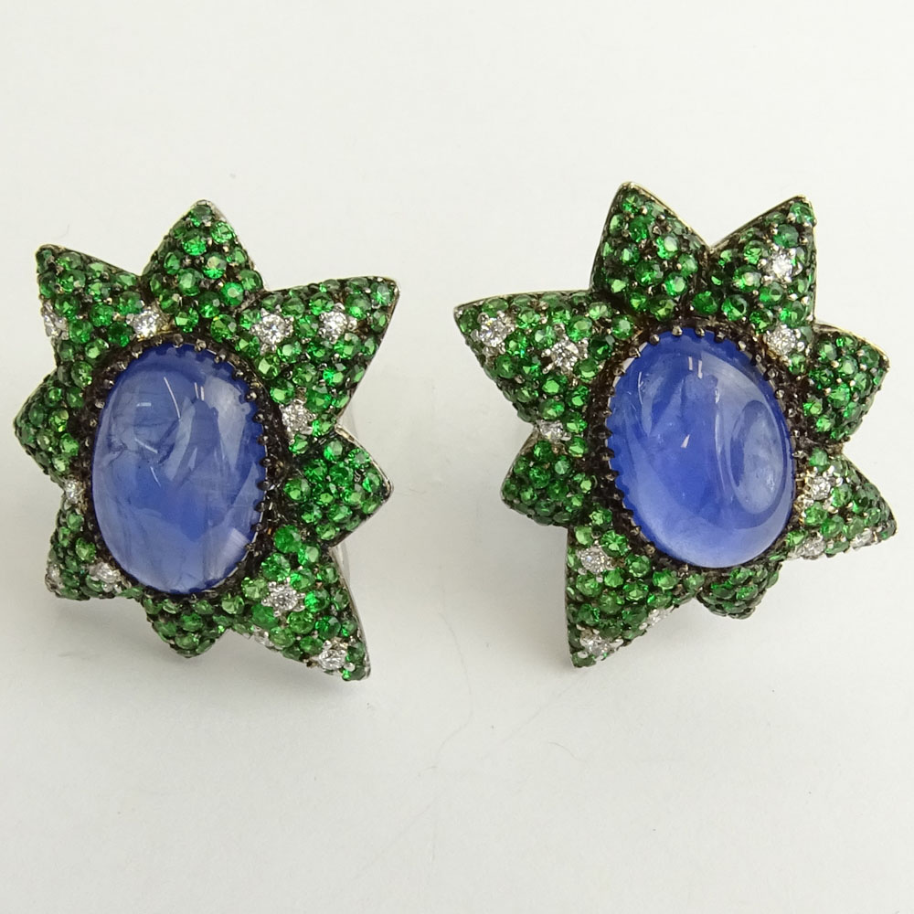 18.20 Carat  Unheated Burma Sapphire, .45 Carat Dia, Tsavorite Garnet and 18K White Gold Earrings.