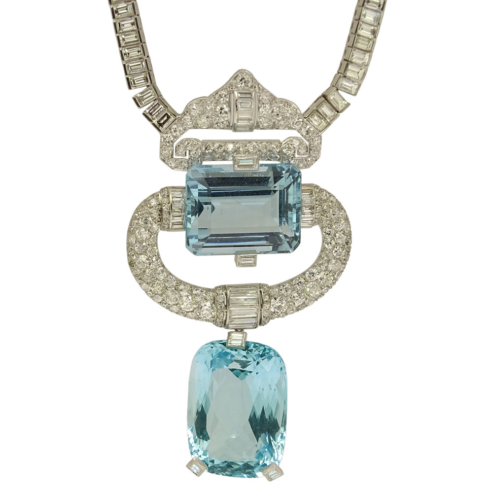 31.0 Carat Round Brilliant and Baguette Diamond, 100.0 Carat Aquamarine and Platinum Pendant Necklace. 