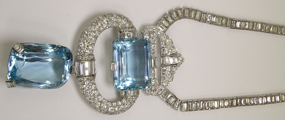 31.0 Carat Round Brilliant and Baguette Diamond, 100.0 Carat Aquamarine and Platinum Pendant Necklace. 