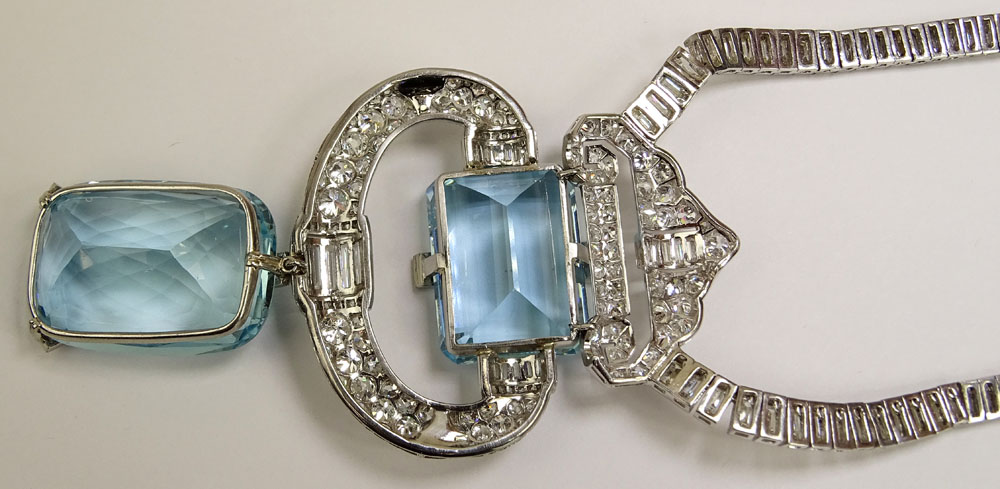 31.0 Carat Round Brilliant and Baguette Diamond, 100.0 Carat Aquamarine and Platinum Pendant Necklace. 