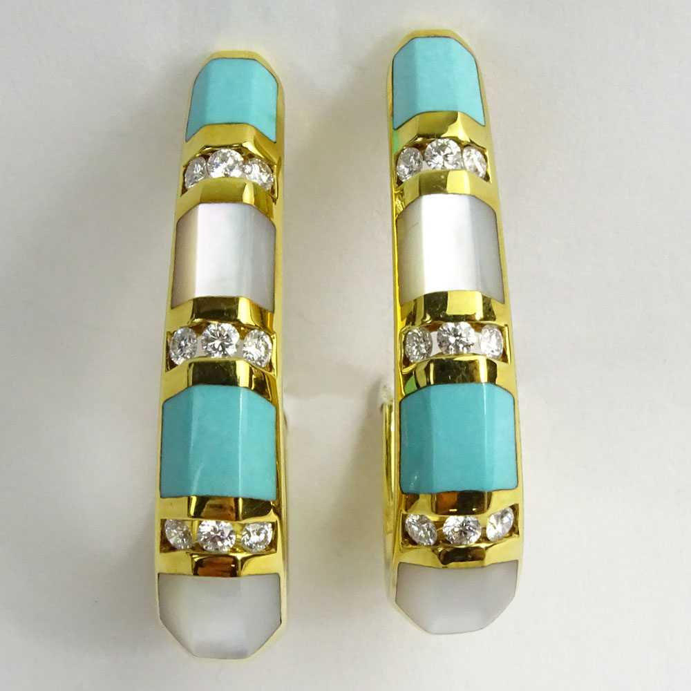 Pair of 14 Karat Yellow Gold, Diamond, Mother of Pearl and Turquoise Hoop Earrings. 