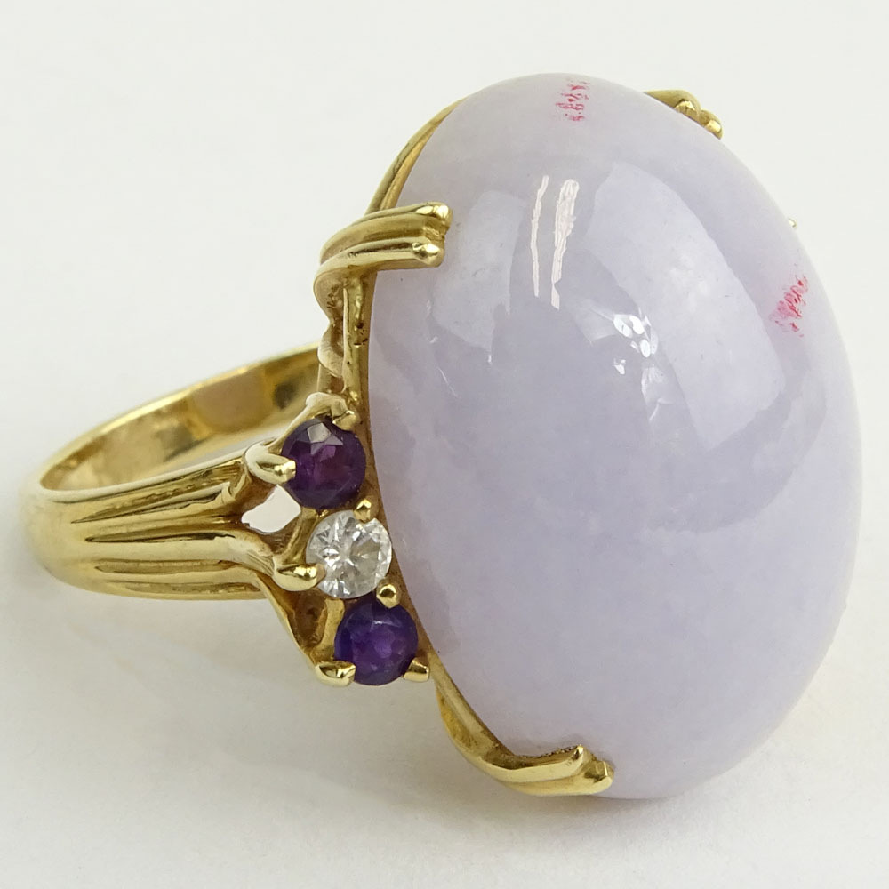 Vintage Lavender Jade and 14 Karat Yellow Gold Ring with Diamond and Sapphire accents.