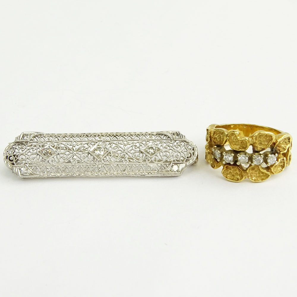 Antique Filigree 14K White Gold and Diamond Bar Pin together with 14 K Yellow Gold and Diamond Ring.