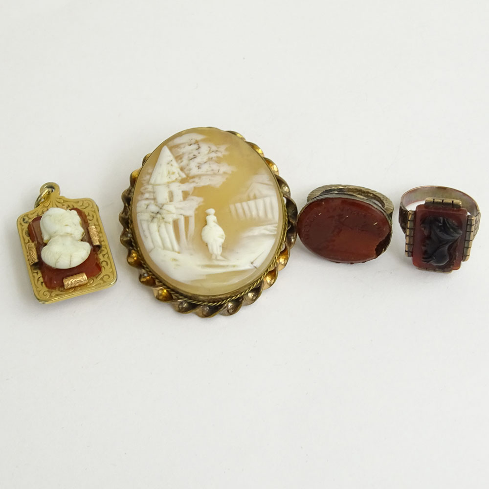 Four (4) Piece Antique Carved Agate and Carved Cameo and Gold Filled Lot.