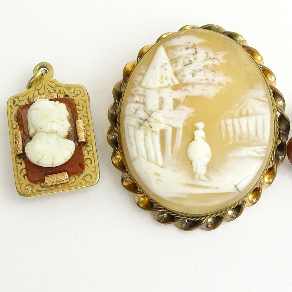 Four (4) Piece Antique Carved Agate and Carved Cameo and Gold Filled Lot.