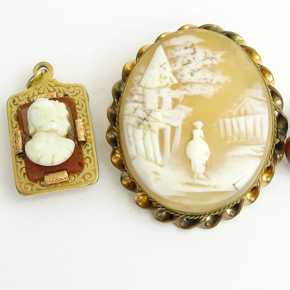 Four (4) Piece Antique Carved Agate and Carved Cameo and Gold Filled Lot.