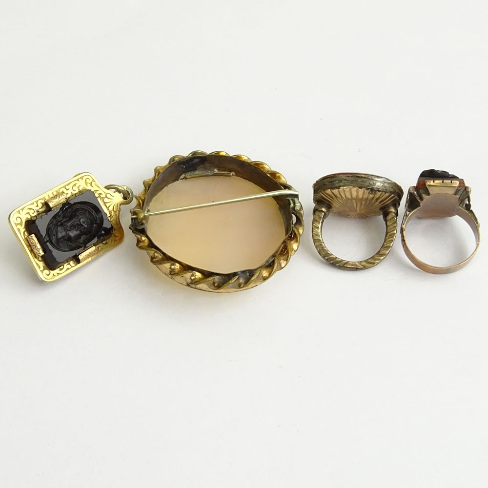 Four (4) Piece Antique Carved Agate and Carved Cameo and Gold Filled Lot.