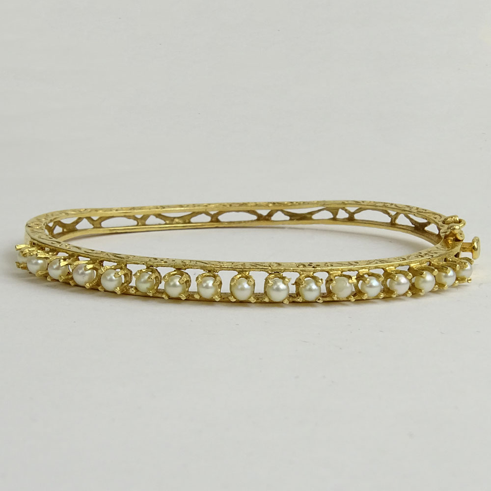 Vintage 14 Karat Yellow Gold and Seed Pearl Bangle Bracelet.