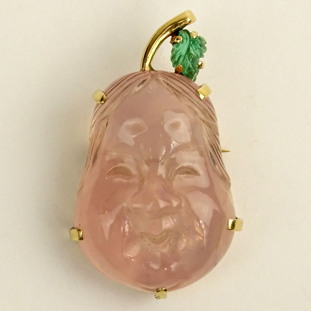 Vintage Carved Rose Quartz, Carved Emerald and 14 Karat Yellow Gold Buddha Brooch. 