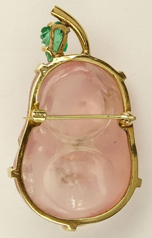 Vintage Carved Rose Quartz, Carved Emerald and 14 Karat Yellow Gold Buddha Brooch. 