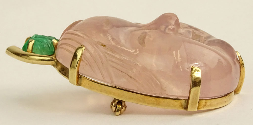 Vintage Carved Rose Quartz, Carved Emerald and 14 Karat Yellow Gold Buddha Brooch. 